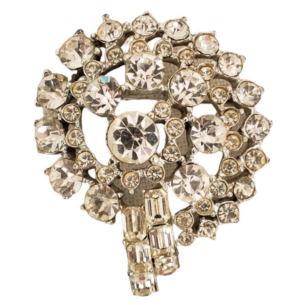 Huge Vintage Rhinestone Brooch Spiral Design Pin Clear Stones Retro 1960s 60s